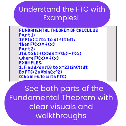 Explanation of the Fundamental Theorem of Calculus ti84 program with examples and a call to action to understand with visuals.
