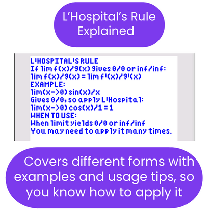 Explanation of L'Hospital's Rule with examples and ti84 program usage tips.
