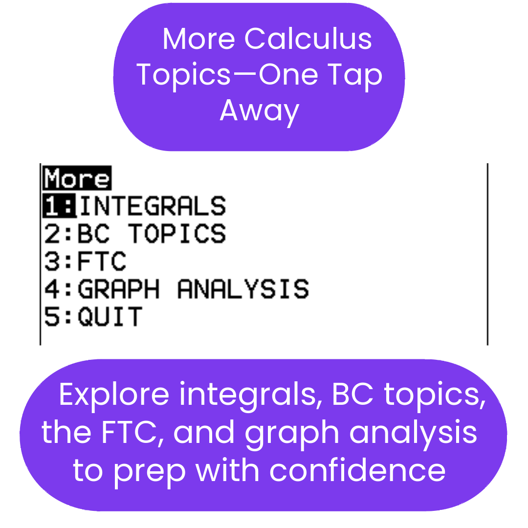Menu screen for calculus topics ti84 program with options and descriptive text.