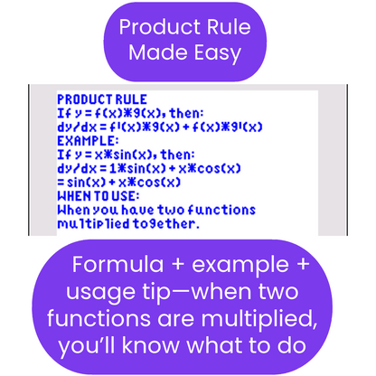 Explanation of the product rule in calculus ti84 program with formula, example, and usage tip.