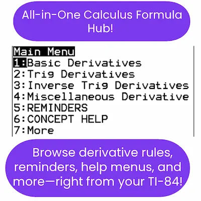 Menu for an 'All-in-One Calculus Formula Hub' with derivative rules and reminders on a TI-84 calculator.