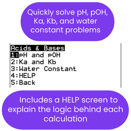 ti84 calculator screen displaying a chemistry problem solver with options and explanations.