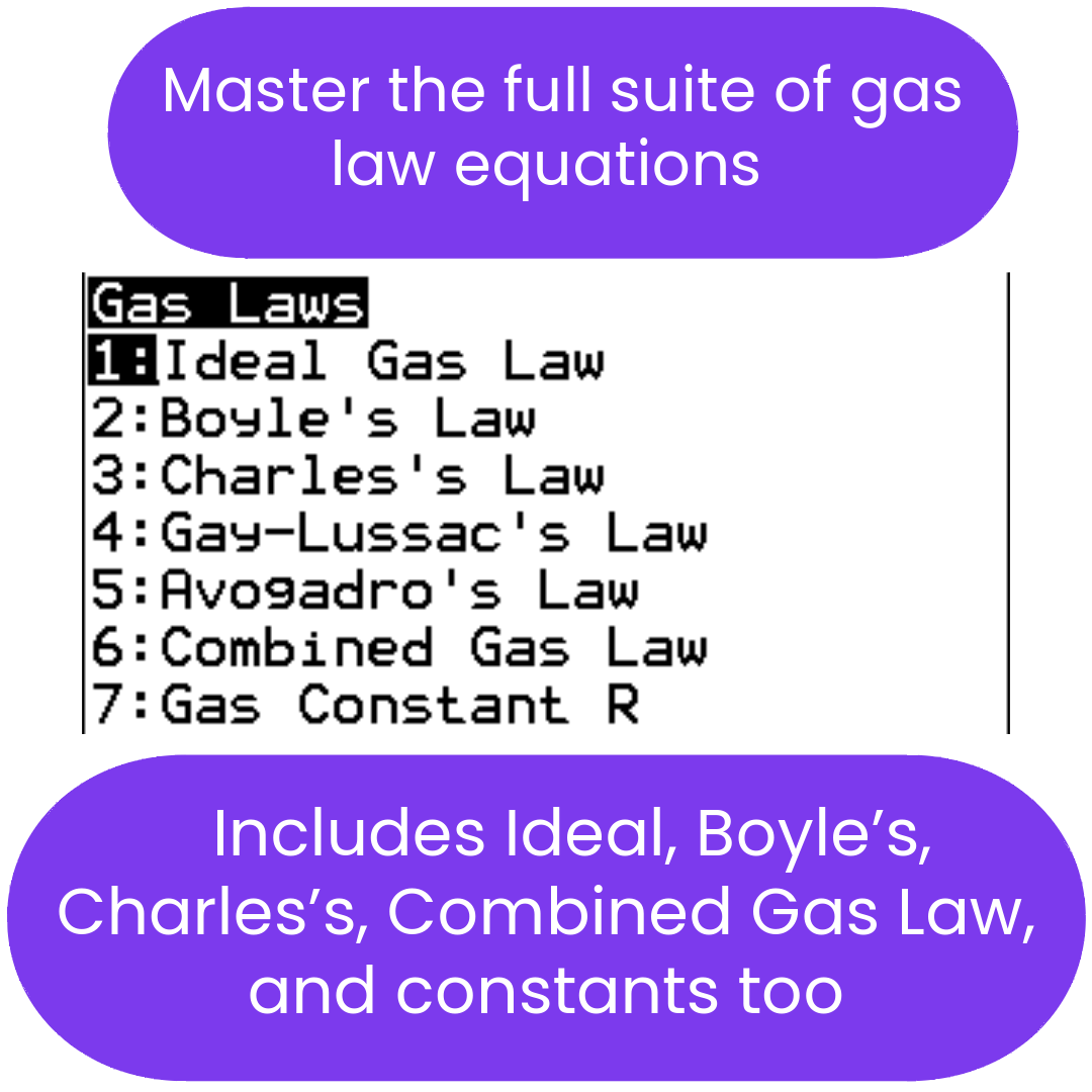 List of gas laws ti84 program with a focus on ideal gas law and Boyle's law.