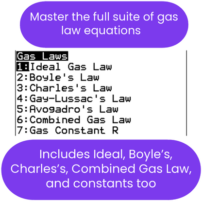 List of gas laws ti84 program with a focus on ideal gas law and Boyle's law.