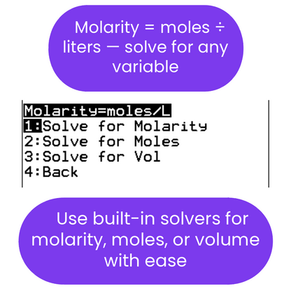 ti84 program for solving molarity equations with options to solve for Molarity, Moles, or Volume.