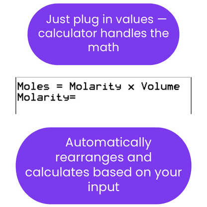 Calculator interface showing moles calculation and text about automatic rearrangement.
