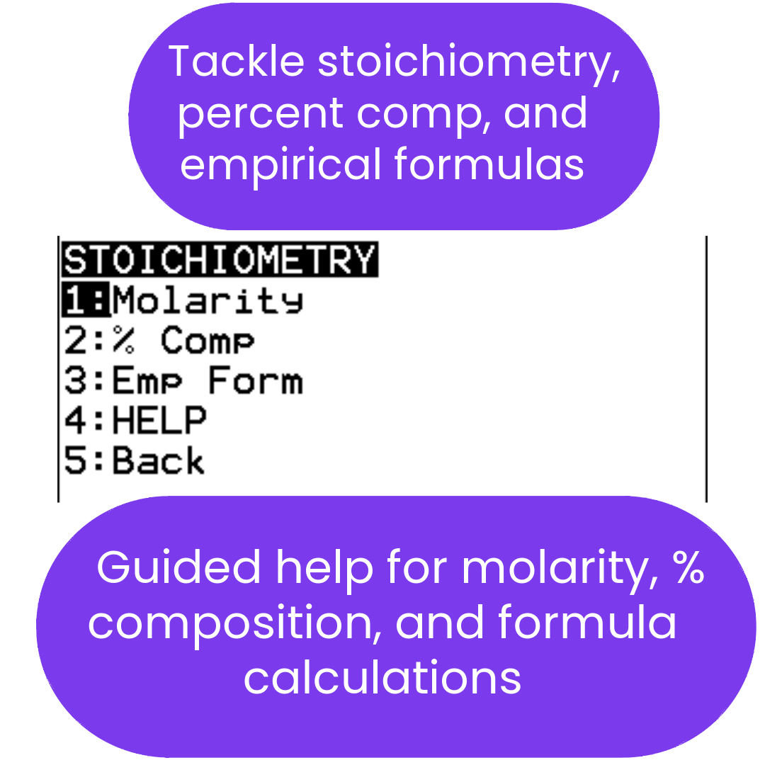 Stoichiometry and molarity help menu with purple and white text.