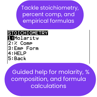 Stoichiometry and molarity help menu with purple and white text.