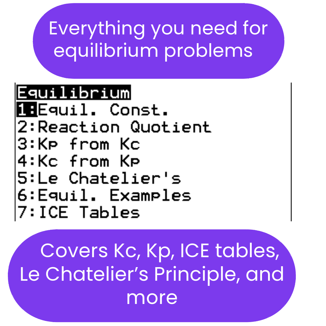 List of topics related to equilibrium problems in chemistry with purple text boxes.