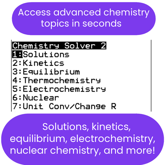 Promotional image for Chemistry Solver ti84 program highlighting features such as solutions, kinetics, equilibrium, electrochemistry, nuclear chemistry, and unit conversion, with a purple background.