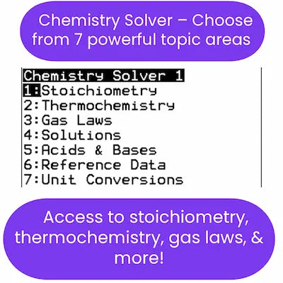 List of chemistry ti84 program topics with a focus on stoichiometry and thermochemistry on a purple background.