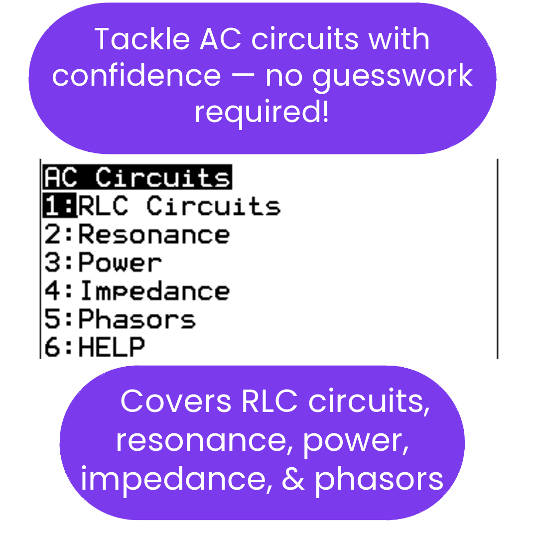 List of AC circuits ti84 program topics with a help option on a white background.