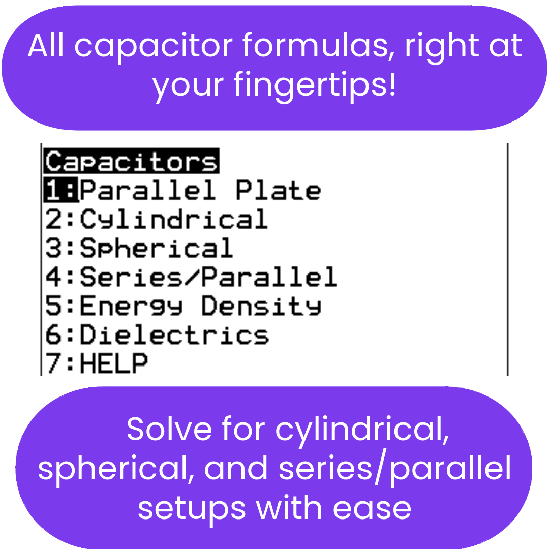 List of capacitor formulas with a promotional message.
