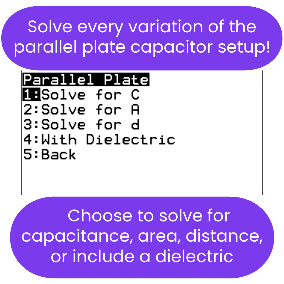 ti84 program for solving parallel plate capacitor problems with options for capacitance, area, distance, and dielectric.