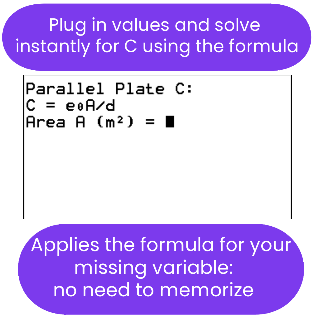 Formula for capacitance of a parallel plate capacitor with a purple background.