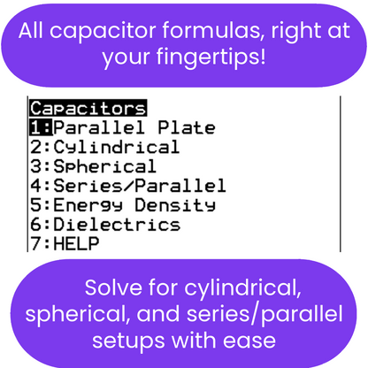 List of capacitor formulas with a promotional message.