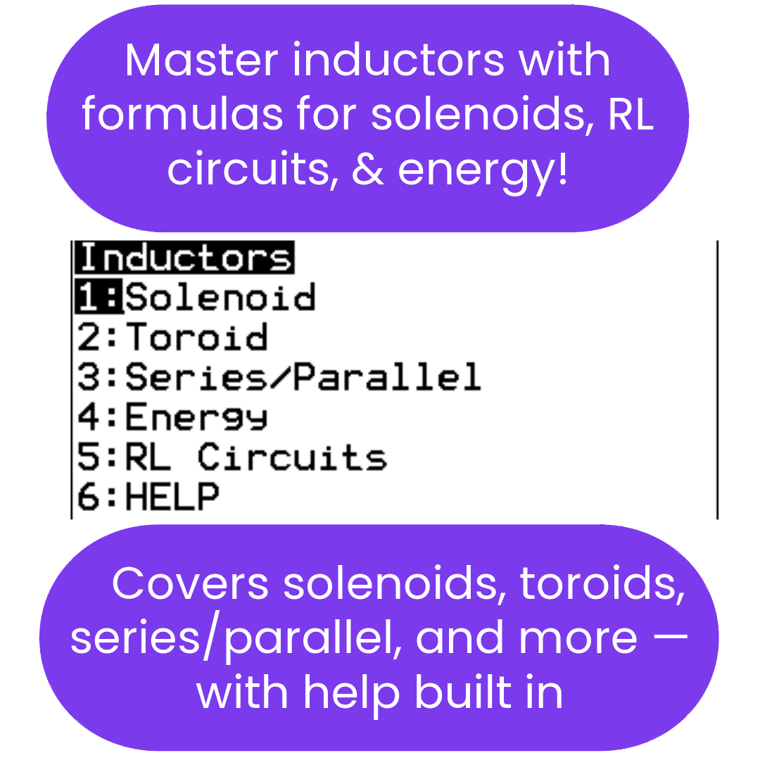 Menu or list with options related to inductors and circuits.