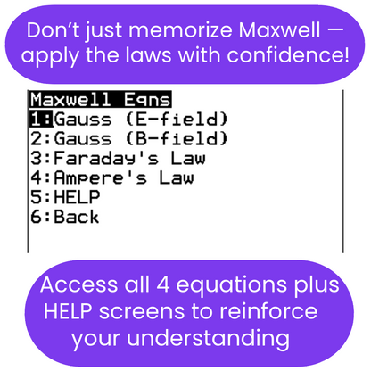 Menu screen for Maxwell Equations with options and descriptive text.