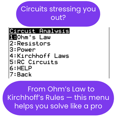 Menu-like list of circuit analysis topics with a humorous tone.