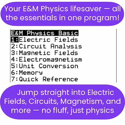 Promotional text for E&M Physics ti84 program highlighting key topics and benefits.