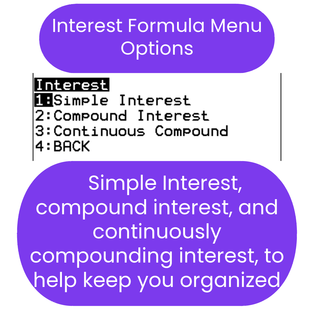 Menu options for interest formulas with a focus on simple, compound, and continuous compounding interest.