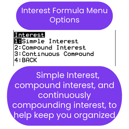 Menu options for interest formulas with a focus on simple, compound, and continuous compounding interest.