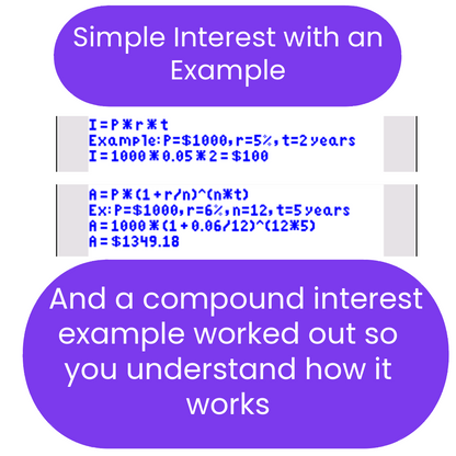 Explanation of simple and compound interest with examples on a white background