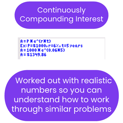 Explanation of continuously compounding interest with mathematical formula and example on a white background.