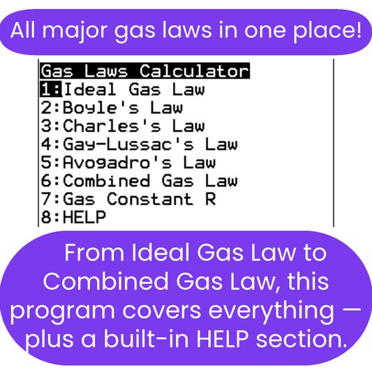 Promotional image for a TI-84 Plus CE Calculator Program that includesGas Laws Calculator with features listed such as Boyle's Law, Charles's Law, and more, with a purple background.