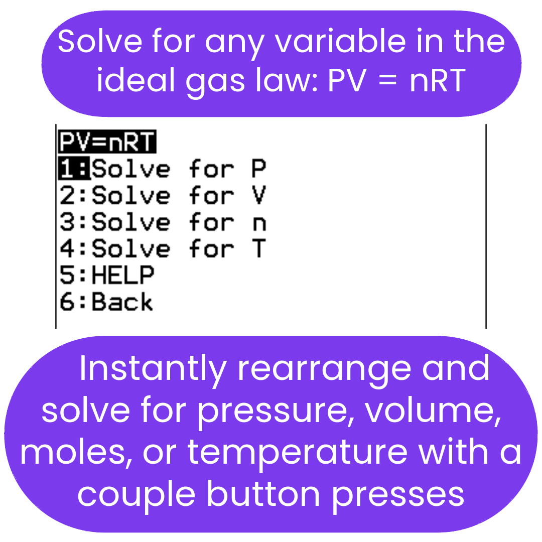 Calculator interface solving for variables in the ideal gas law equation PV=nRT