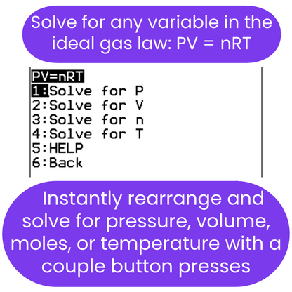 Calculator interface solving for variables in the ideal gas law equation PV=nRT