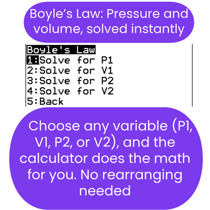 Boyle's Law ti84 program with options to solve for P1, V1, P2, or V2 on a white background.