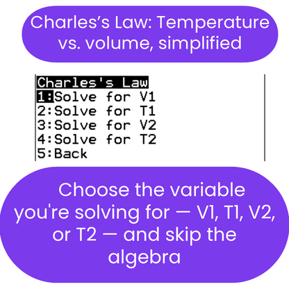 Instructional text on Charles's Law with steps to solve for different variables.