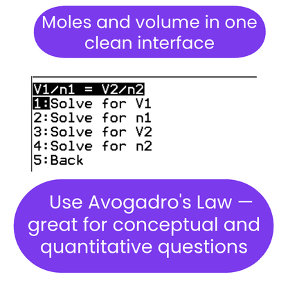 Interface for solving stoichiometry problems with options to solve for V1, n1, V2, or n2, using Avogadro's Law.
