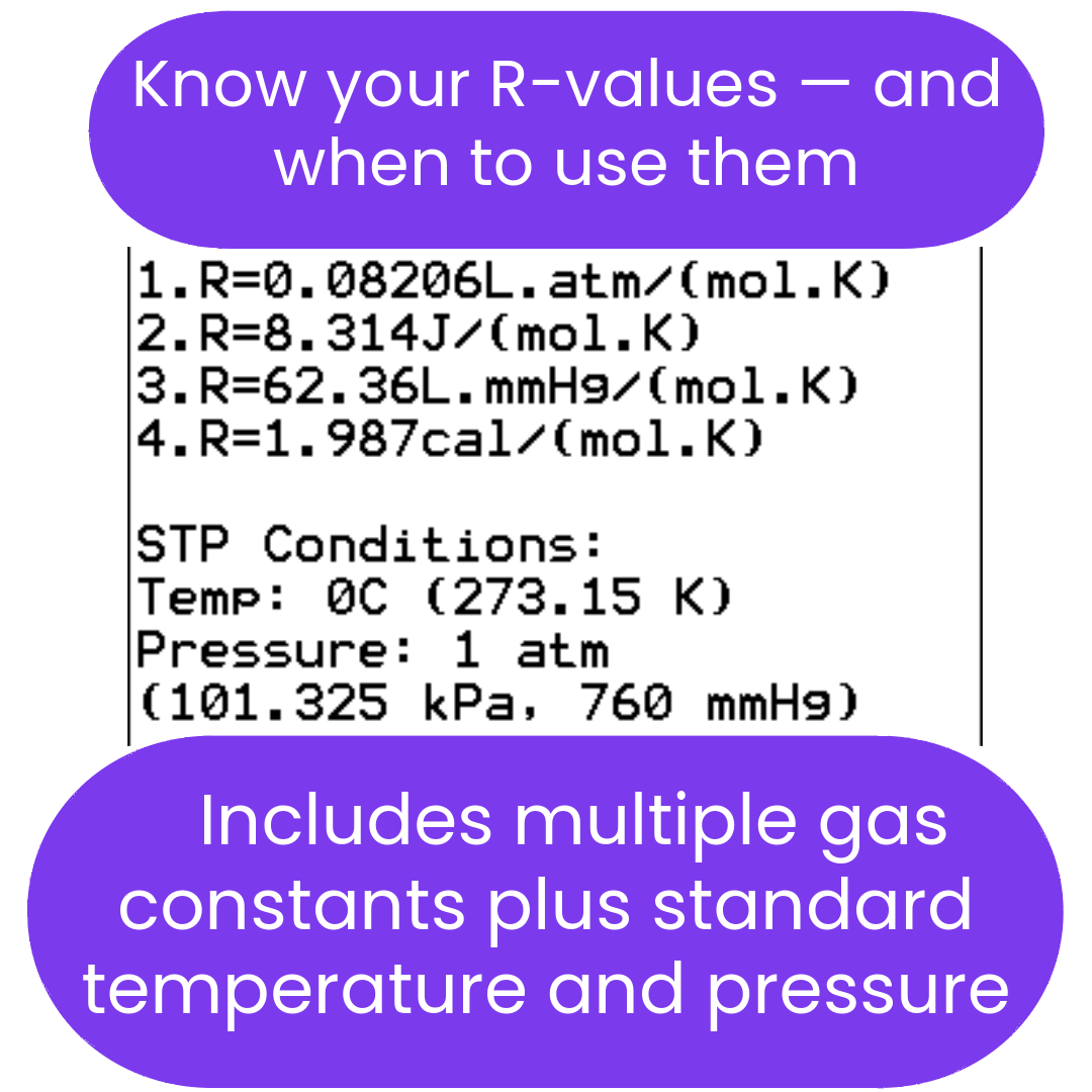 Text displaying multiple gas constants and STP conditions with a purple border.