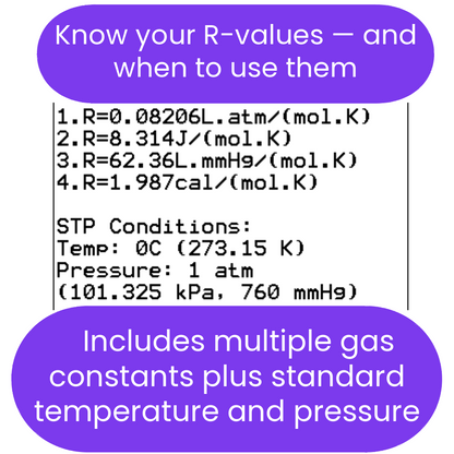 Text displaying multiple gas constants and STP conditions with a purple border.