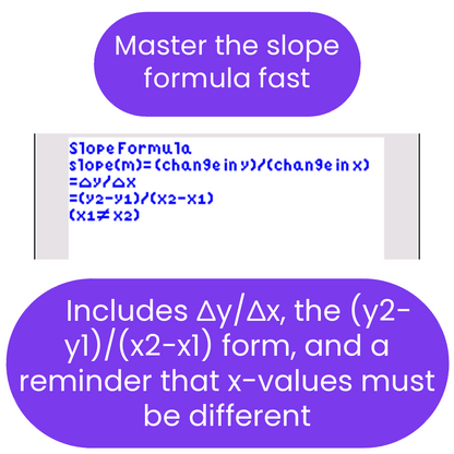 Instructional graphic about slope formula with text and mathematical notation.