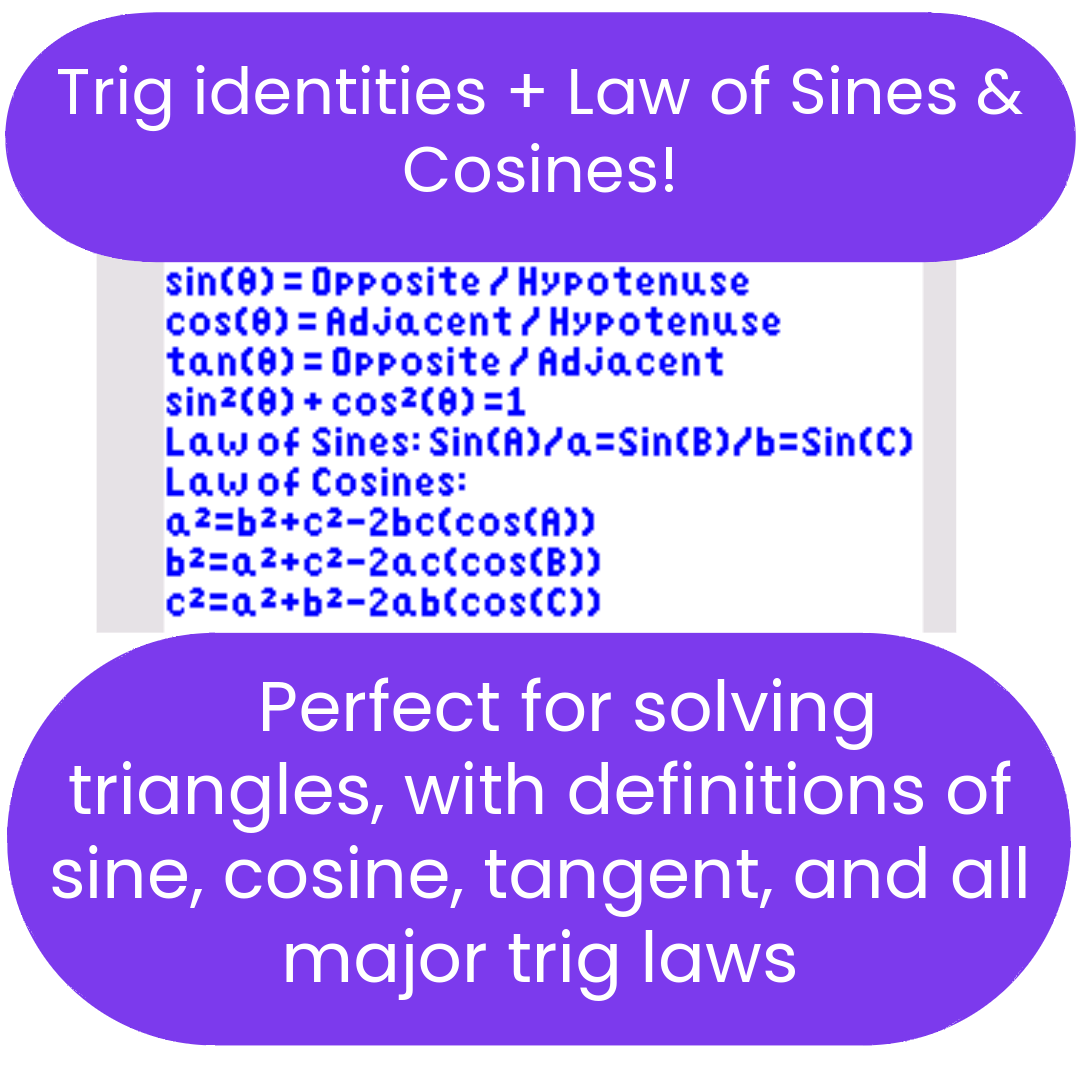 Mathematical formulas for trigonometric identities and laws of sines and cosines on a white background with purple text boxes.