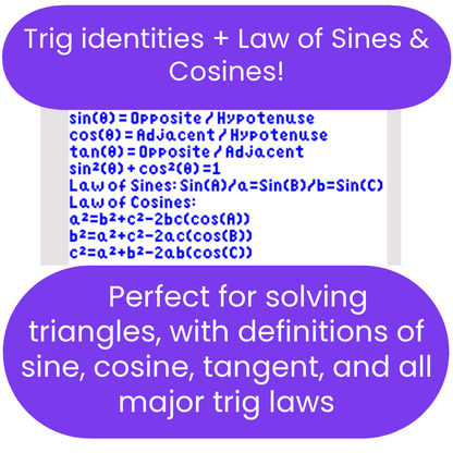 Mathematical formulas for trigonometric identities and laws of sines and cosines on a white background with purple text boxes.