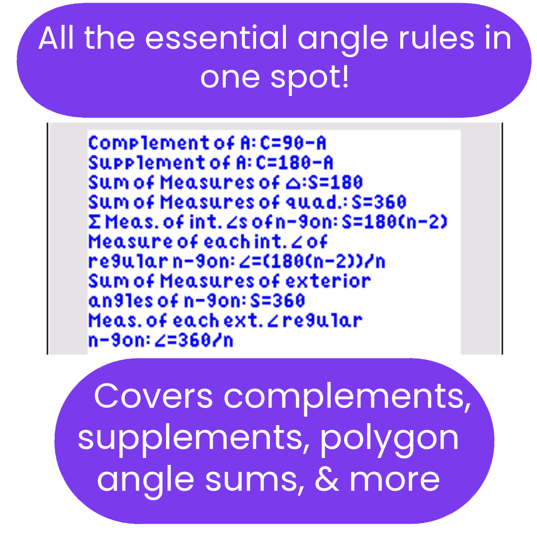 mathematical angle rules text, surrounded by purple speech bubbles.