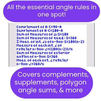 mathematical angle rules text, surrounded by purple speech bubbles.
