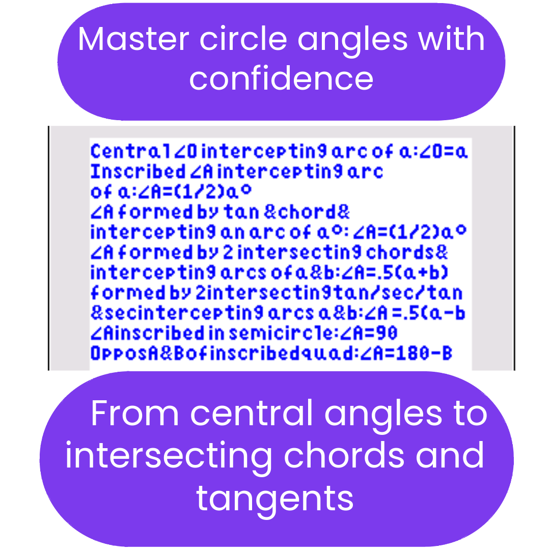 Educational text on circle angles with mathematical equations, framed by purple rectangles.