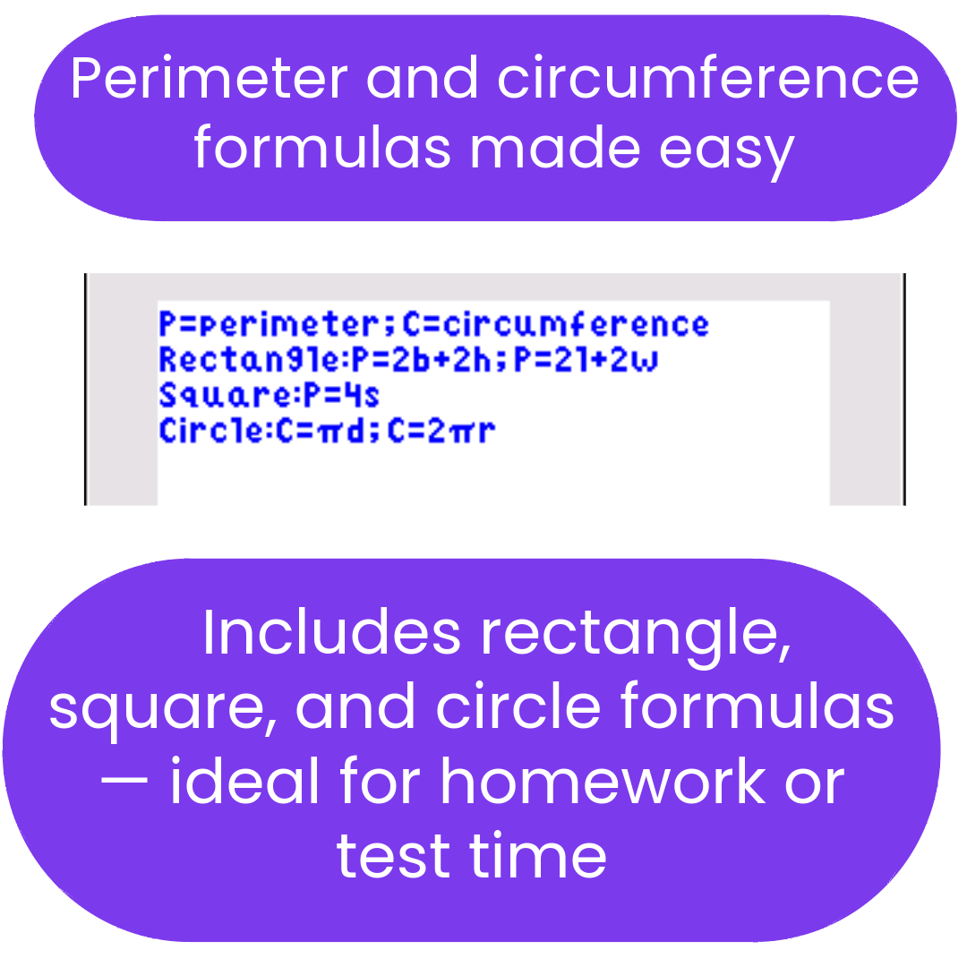 Formulas for perimeter and circumference with text on a white background