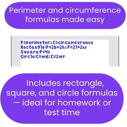Formulas for perimeter and circumference with text on a white background