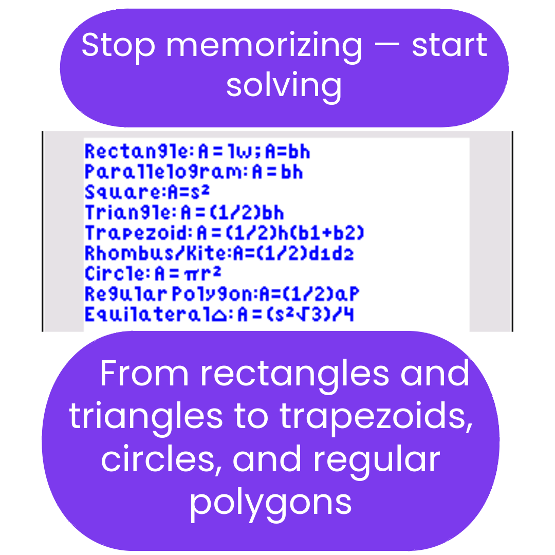 mathematical formulas for calculating area of different shapes, with purple text boxes at the top and bottom.