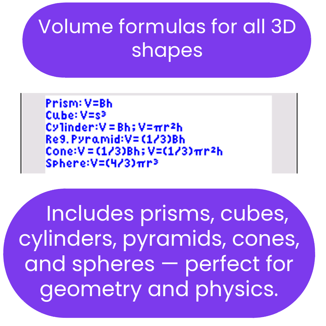 Volume formulas for 3D shapes listed on a white background with purple text boxes.