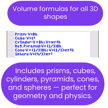 Volume formulas for 3D shapes listed on a white background with purple text boxes.