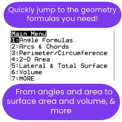 Menu for ti84 program with geometry formulas listed on a white background