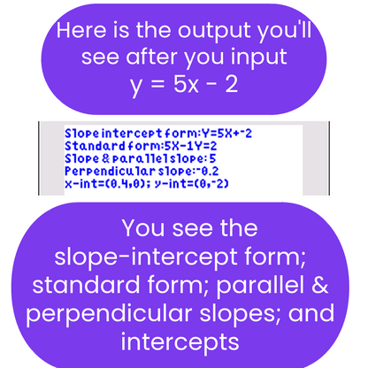 Text explaining the output after inputting a linear equation with slope-intercept, standard form, and geometric relationships.
