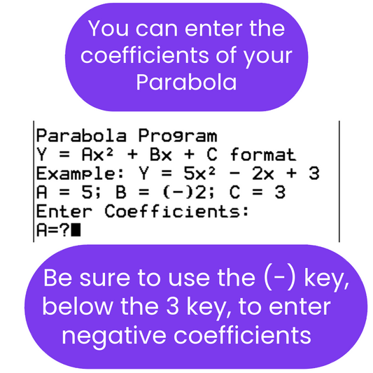 Promotional image for a TI-84 Plus CE Calculator Program to solve parabolas, displaying text with an example equation and coefficient entry instructions.